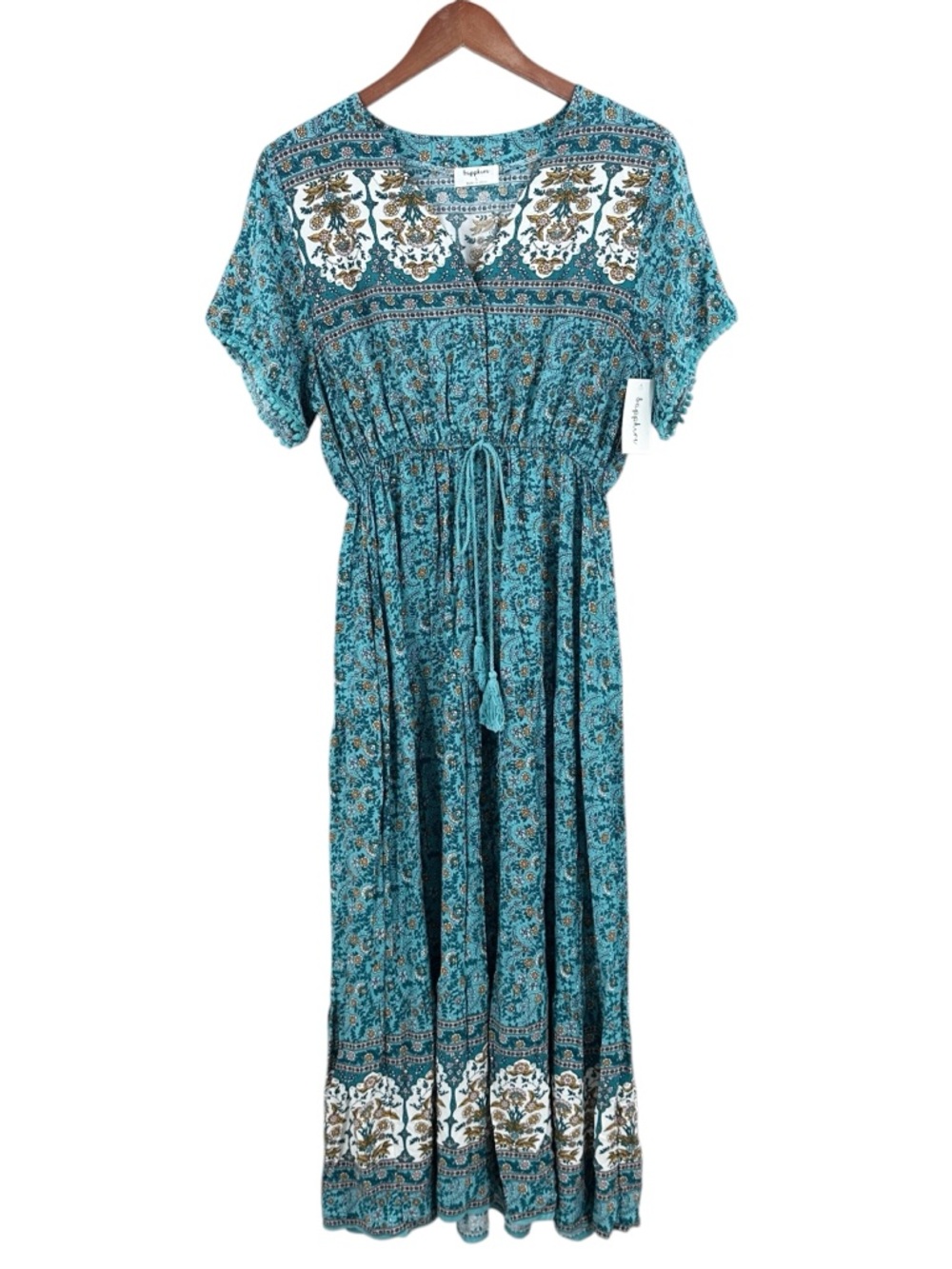 New SAPPHIRE Bohemian Dress Flower Tassel Drawstring Green